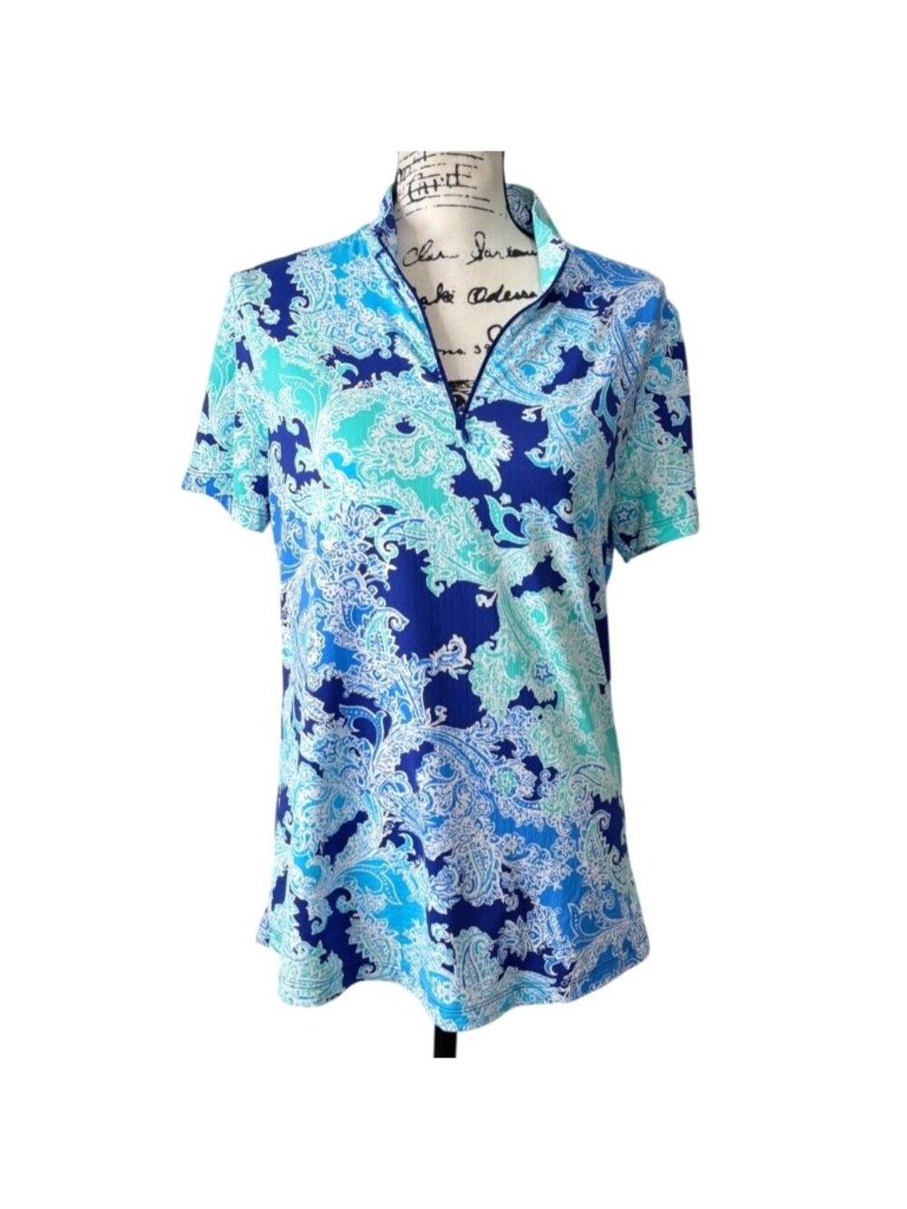 IBKUL Womens Size M Top 1/4 Zip Short-Sleeve Blue Green Paisley UPF Sun Shirt
